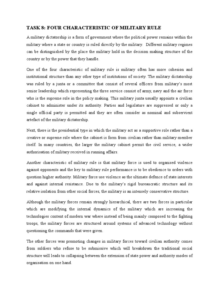 Task 8 Characteristic of Military Rules PDF Military Dictatorship