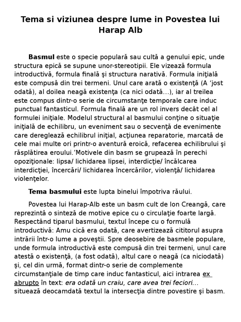 Harap Alb Citate Povestea lui Harap Alb - Tema si viziunea despre lume