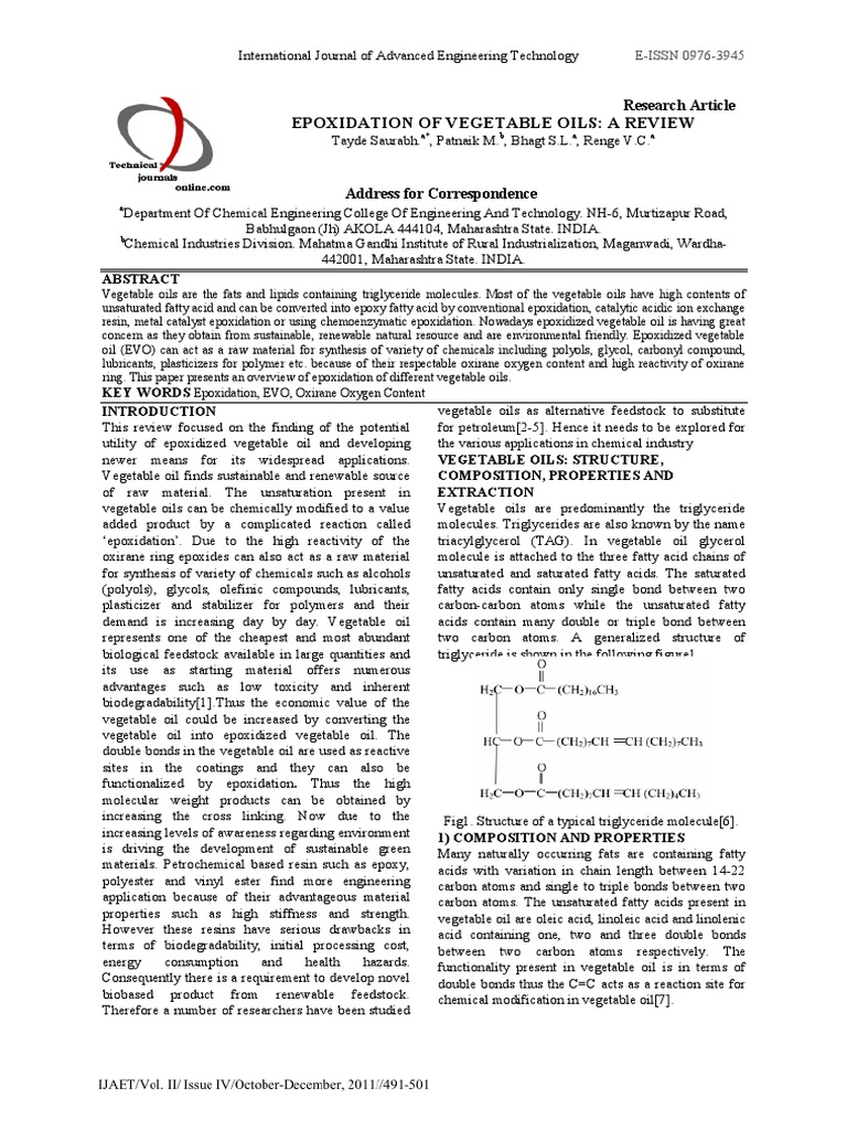 Epoxidation of Vegetable Oils A Comprehensive Review of Methods