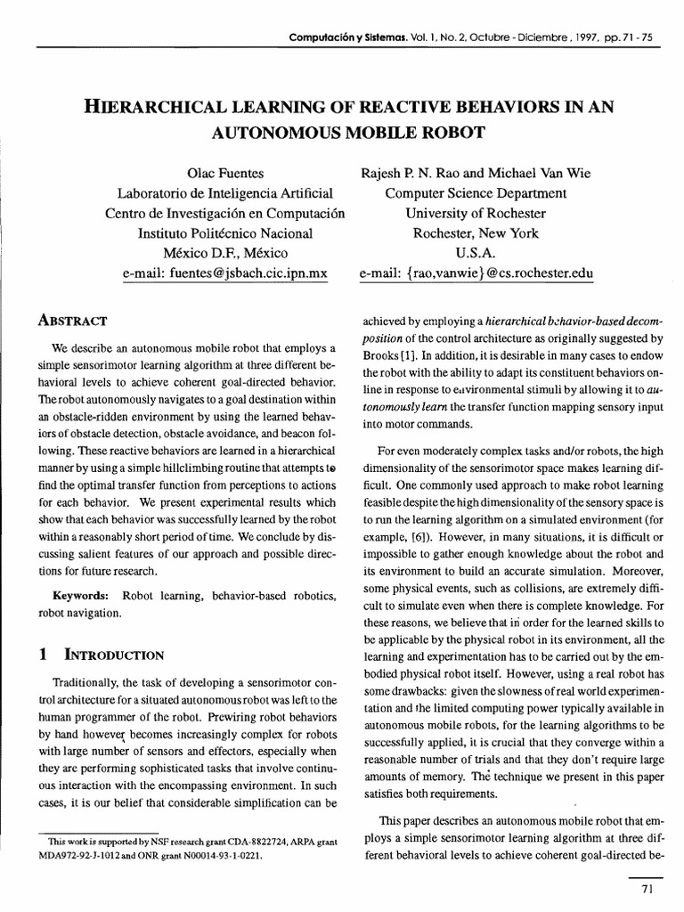 Hierarchical Learning in Mobile Robots | PDF | Robot | Robotics