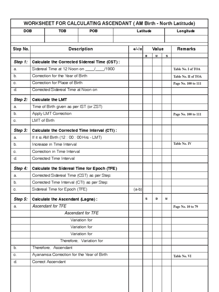 Ascendant Position Calculation Sheet Pdf Latitude Celestial Mechanics