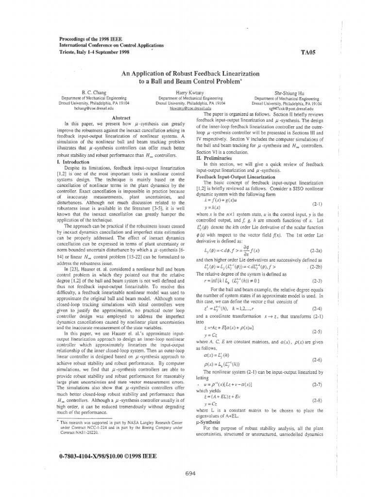 An Application of Robust Feedback Linearization To A Ball and Beam ...