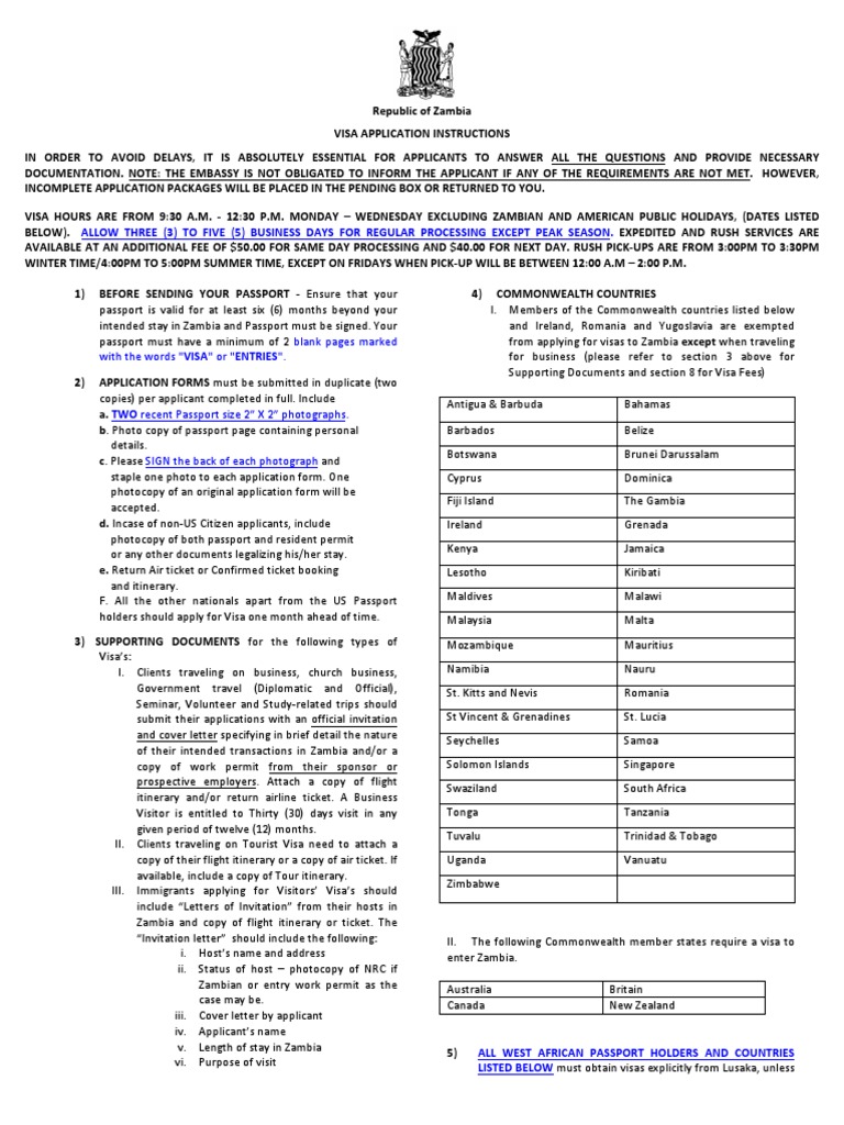 Zambia Visa Application Updated Dec122012 PDF Travel Visa Passport