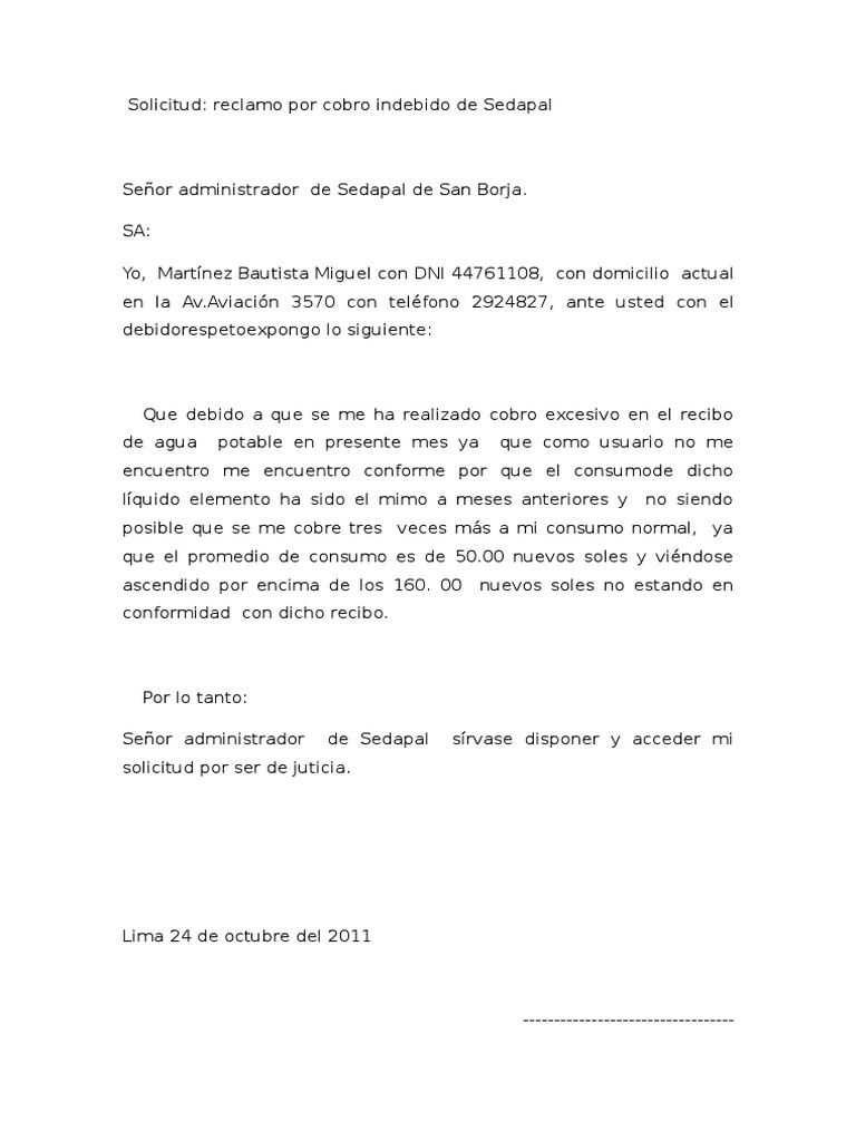 Modelo De Carta De Reclamo Por Cobro Excesivo De Agua Vrogue Coejemplo ...