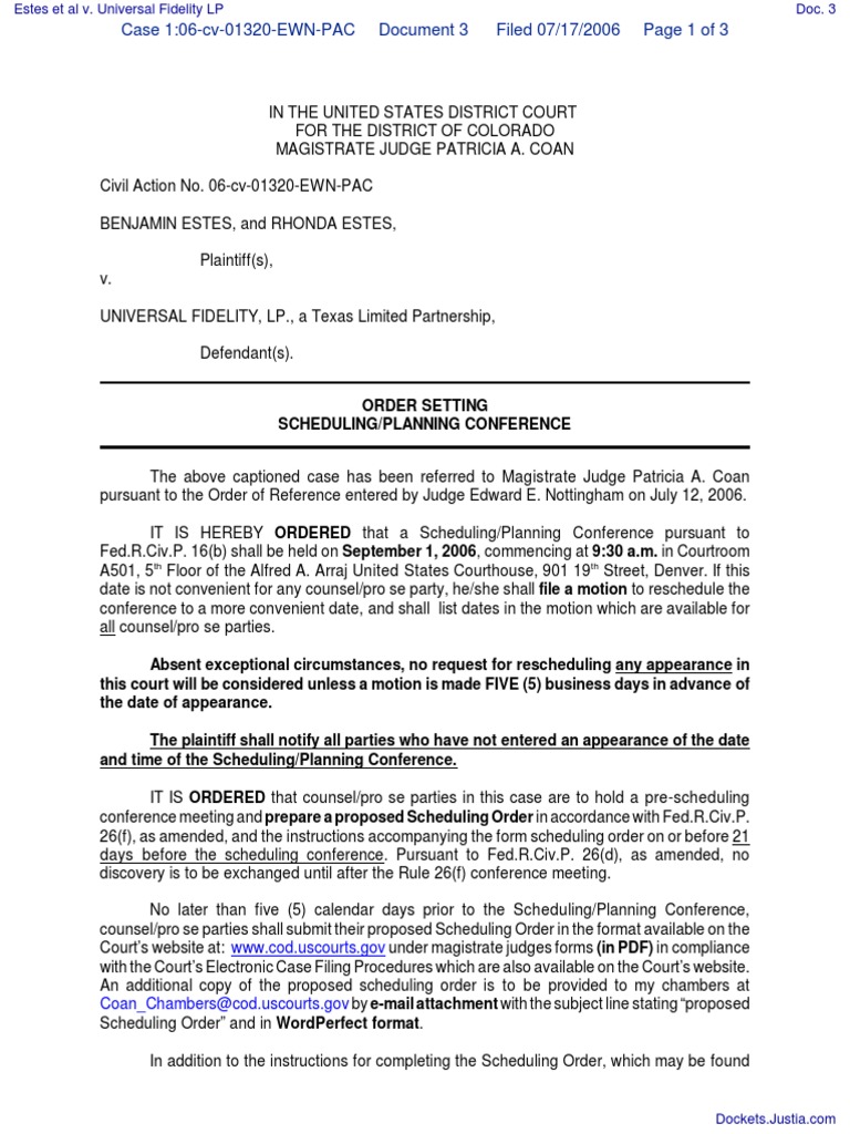 Scheduling Conference Order for Estes Case | PDF | Discovery (Law ...