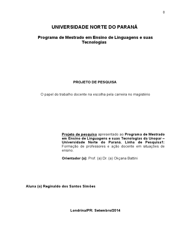 Mestrado Modelo de Projeto de Pesquisa | Mestrado | Professores