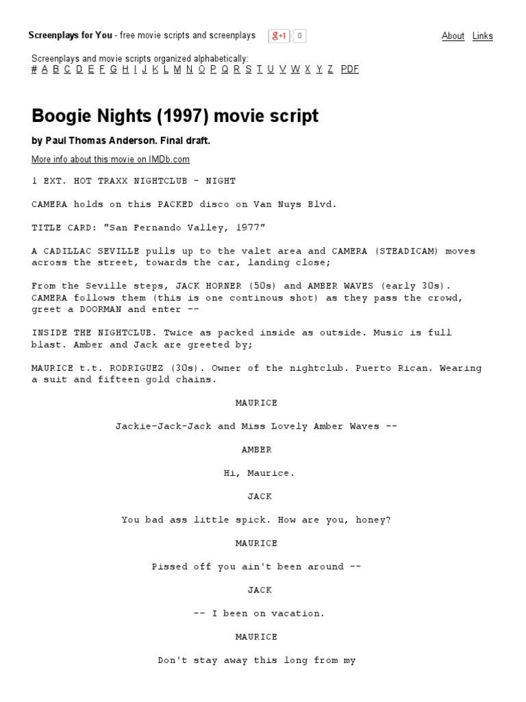 Boogie Nights (1997) Movie Script - Screenplays For You | PDF | Leisure