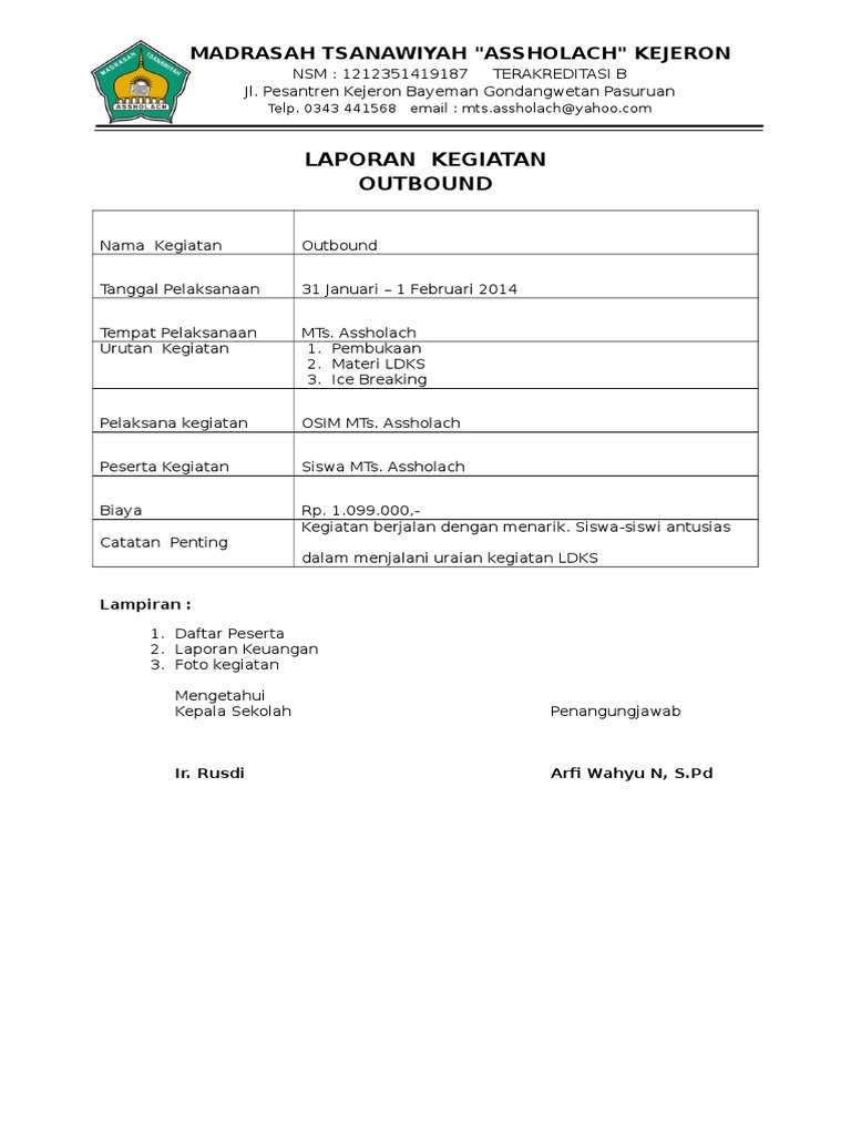 Contoh Laporan Perjalanan Outbound