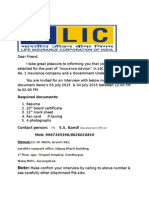 LIC Insurance Advisor Interview Invitation Letter