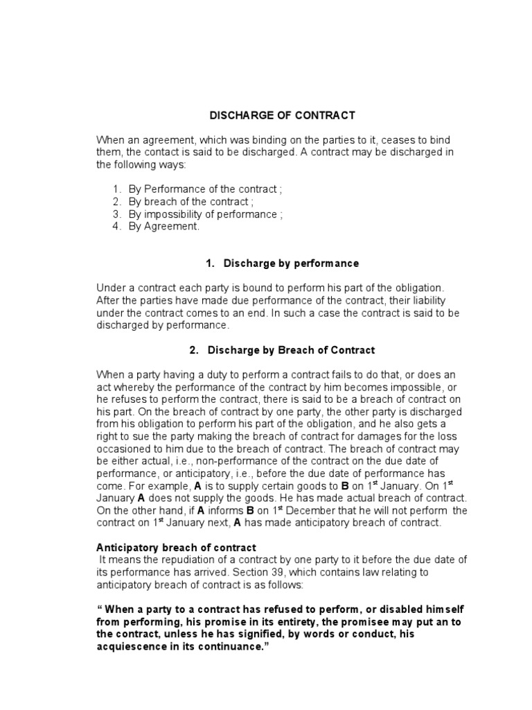 Discharge of Contract Breach Of Contract Damages