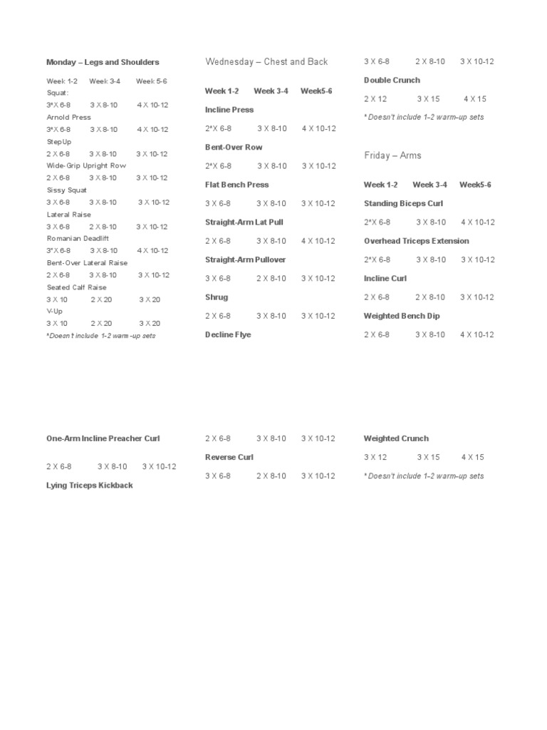 6-Week Workout Plan: Legs, Chest, Arms | PDF | Sports & Recreation