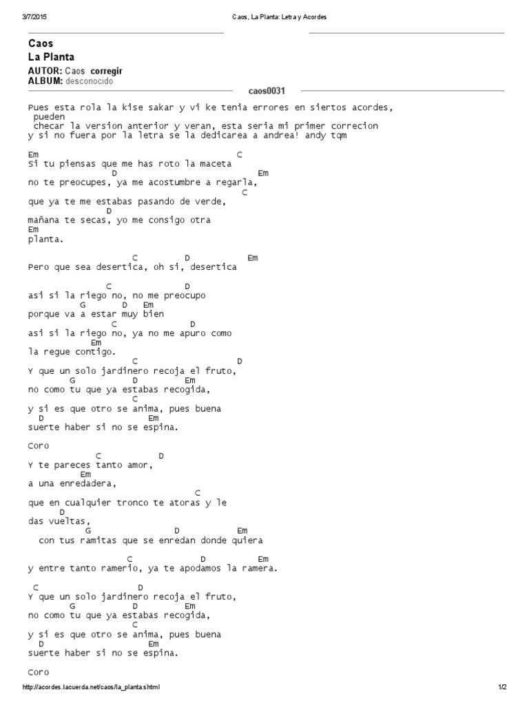 Caos La Planta Letra Y Acordes Pdf