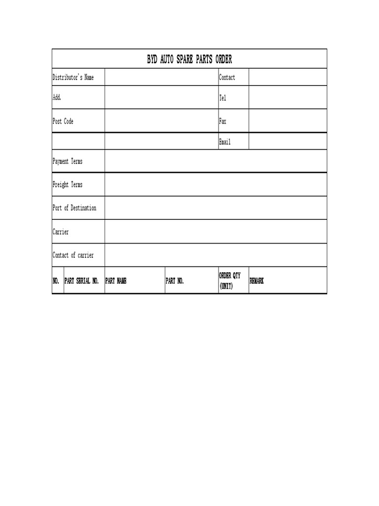 BYD Auto Spare Parts Order Form | PDF