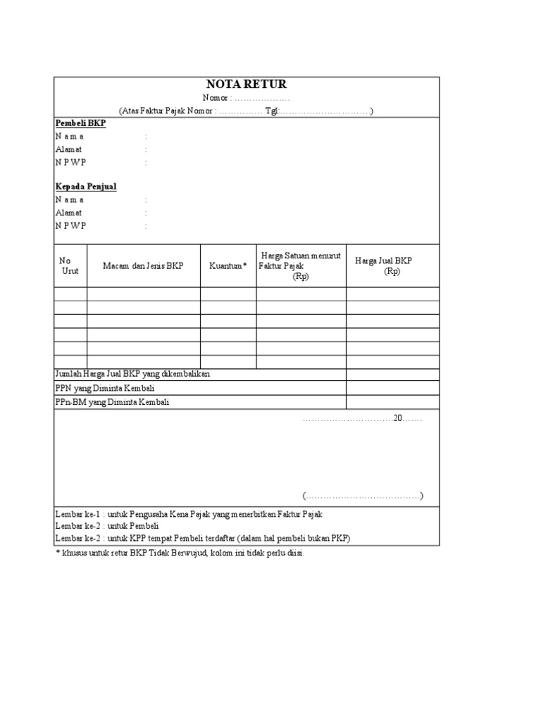 Format Nota Retur Pajak Excel | PDF