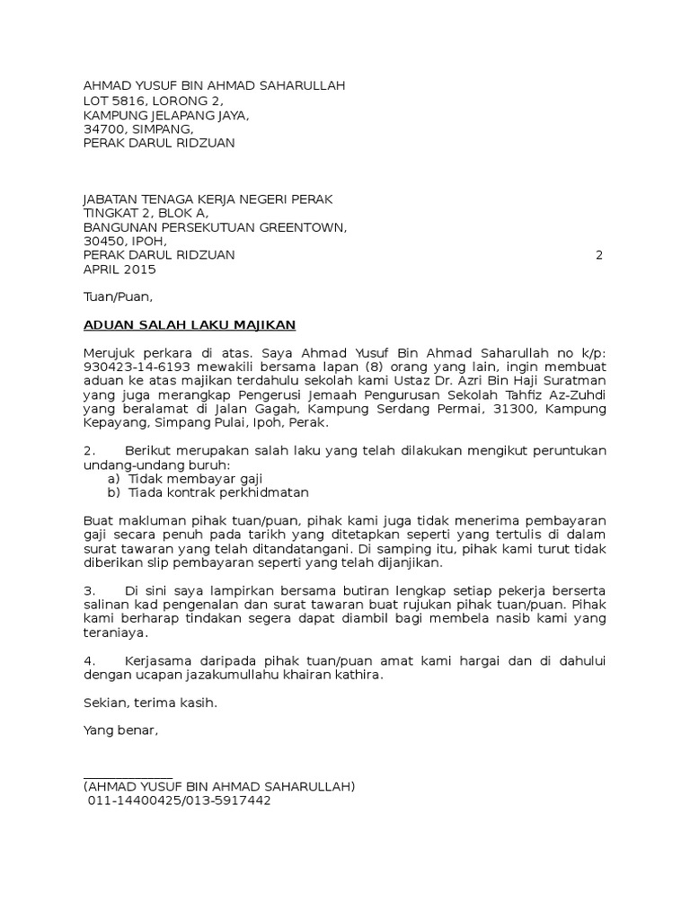 Contoh Surat Aduan Kepada Jabatan Buruh