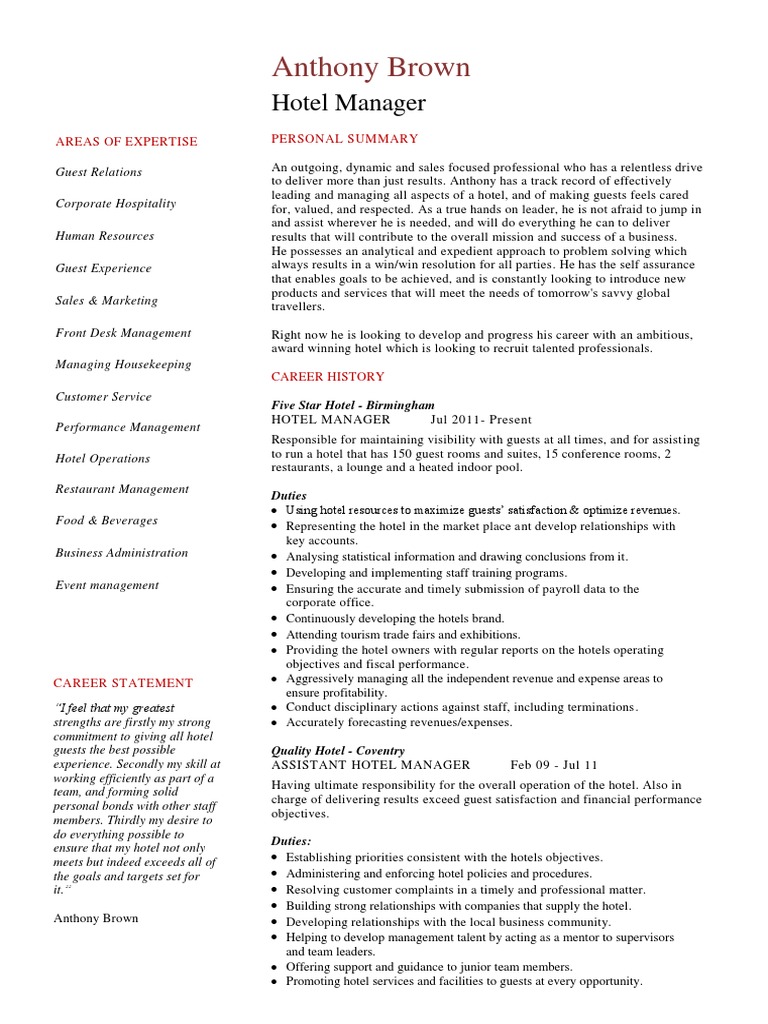 resume for hotel owner