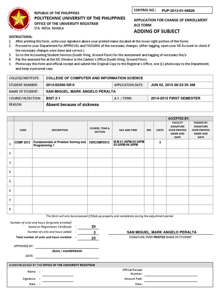 PUP Enrollment Change Application Form | PDF