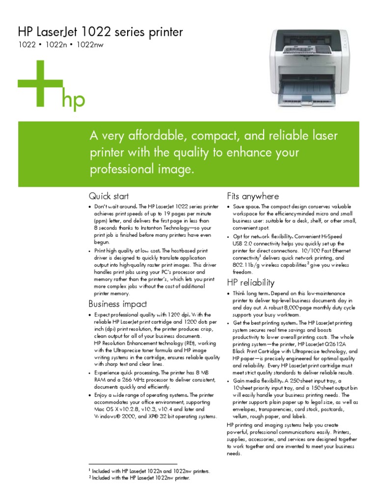HP 1022 Printer specifications Printer Hewlett Packard