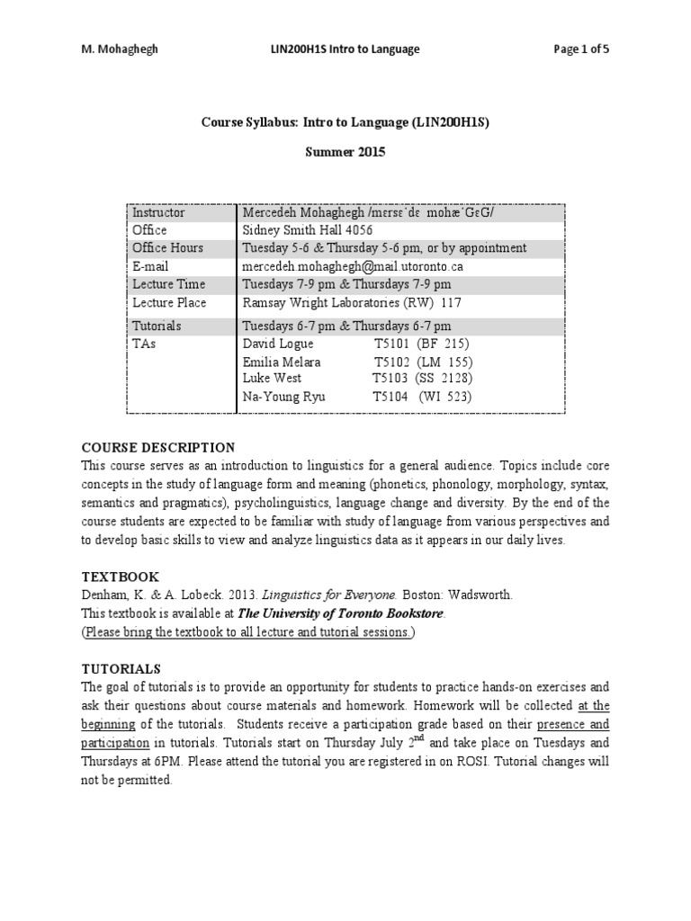 UofT Intro to Language Syllabus | PDF | Lecture | Test (Assessment)