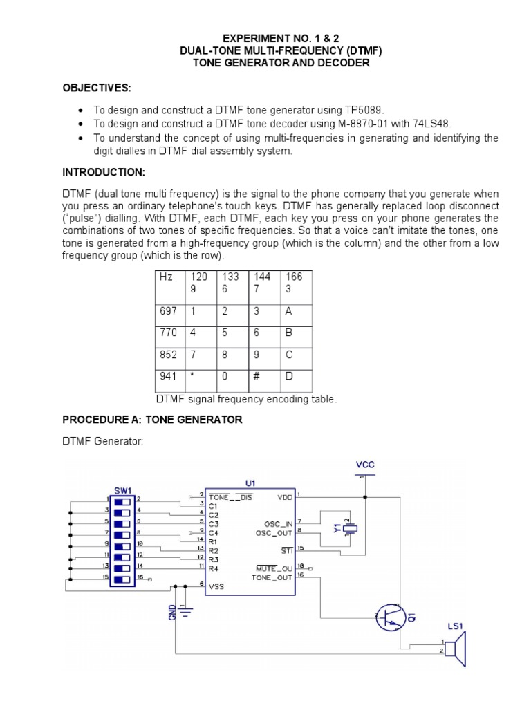 Experiment No. 1 & 2 Dual-Tone Multi-Frequency (DTMF) Tone Generator ...