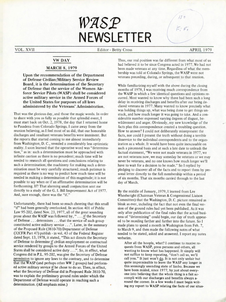 WASP Newsletter 04/01/79, PDF, Military Discharge