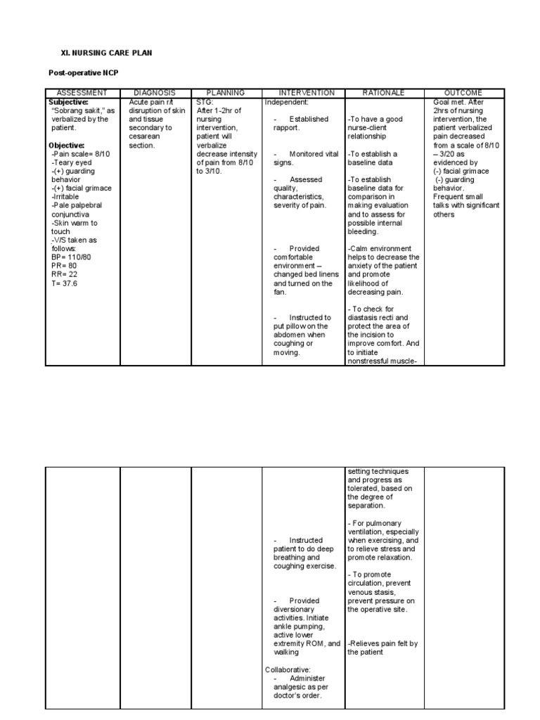 Postoperative Nursing Care Plan For Cesarian Section Patient Case Pres