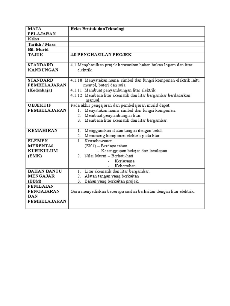 Format Rph Rbt Tahun 4 Elektrik Elektronik Pdf