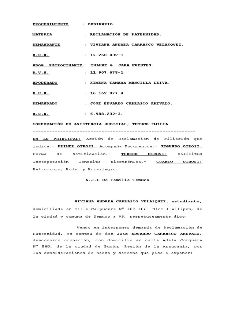 Modelo demanda reclamación de paternidad