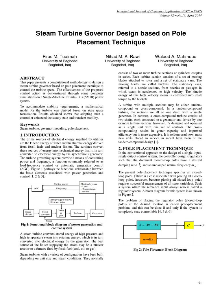 Steam Turbine Governor Design Based On Pole Placement Technique PDF