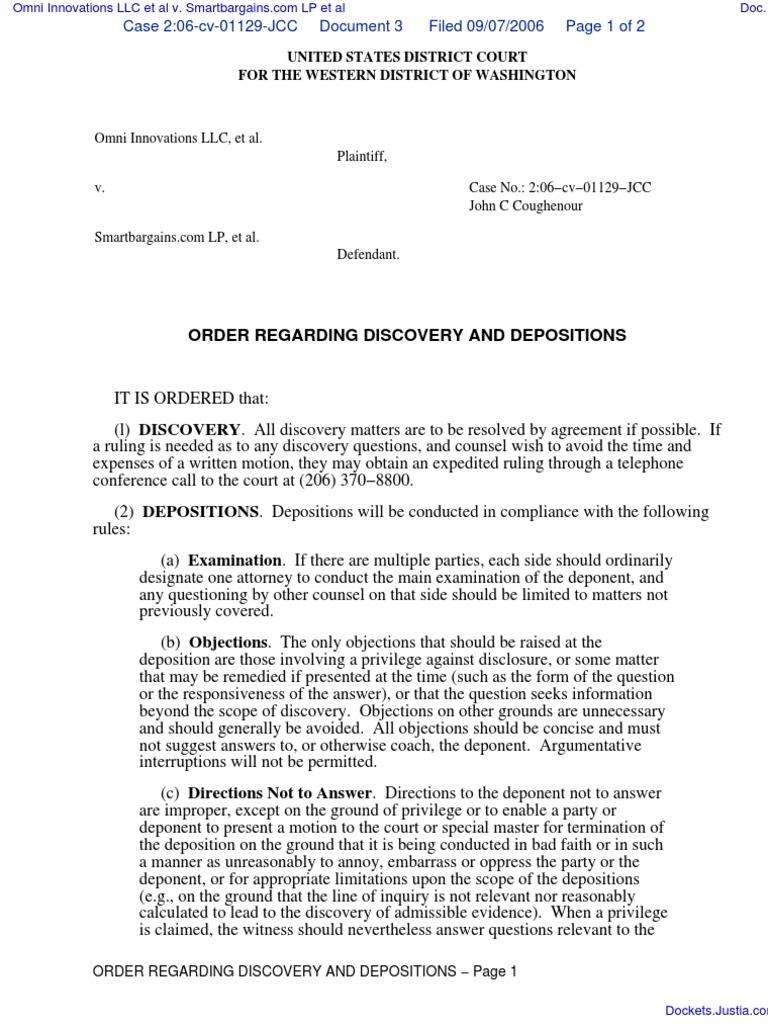 Order Regarding Discovery And Depositions | Deposition (Law ...