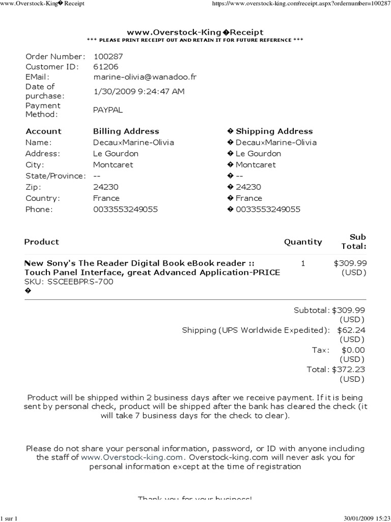 Overstock-King Order Receipt 100287 | PDF