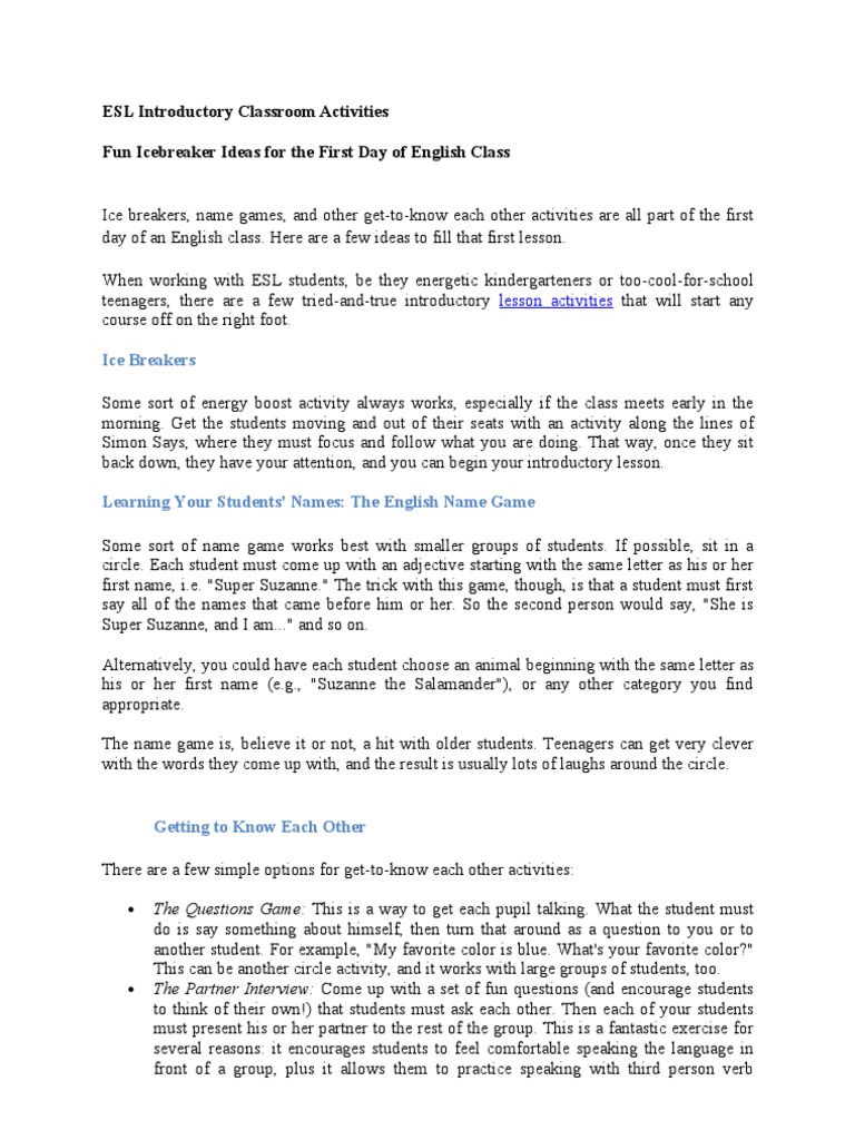 Esl Introductory Classroom Activities Icebreakers Pdf Classroom