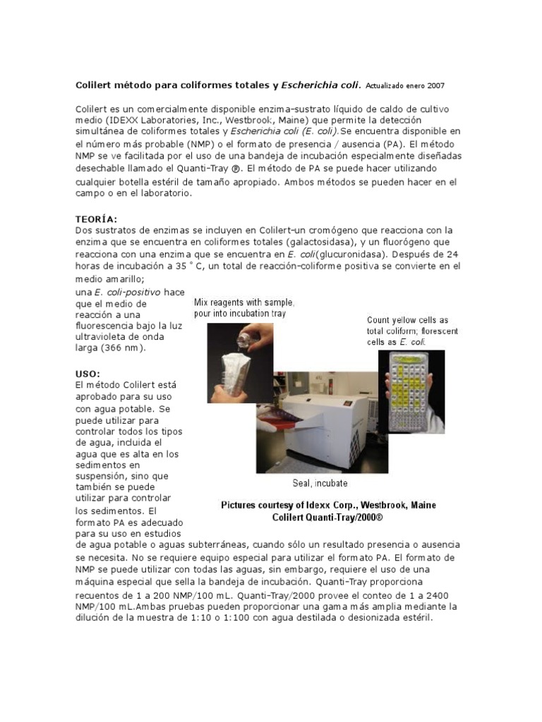 Colilert Método para Coliformes Totales y | PDF | Escherichia coli ...