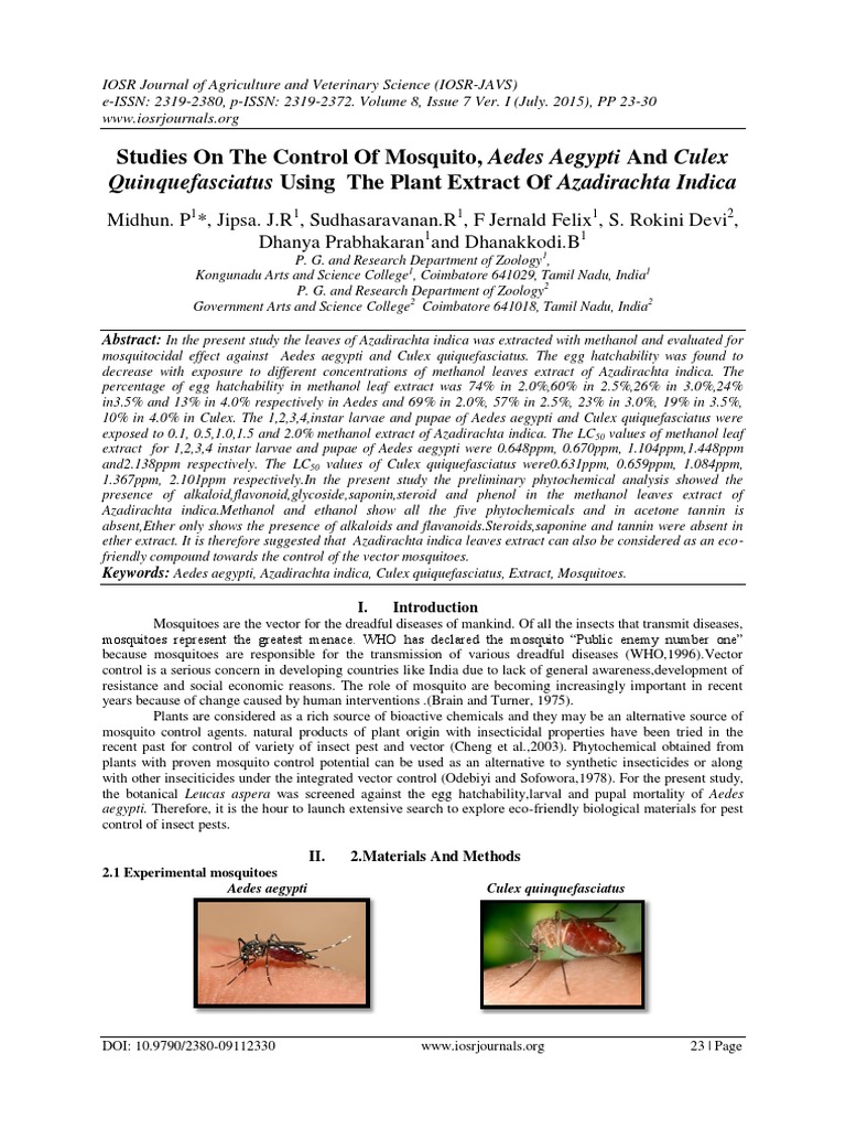 Studies On The Control of Mosquito, Aedes Aegypti and Culex | PDF ...