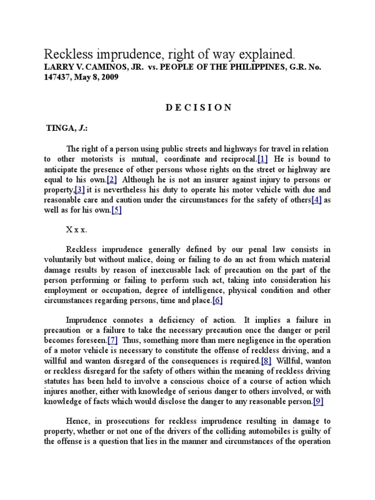 Reckless Imprudence Right of Way Explained Traffic Recklessness (Law)