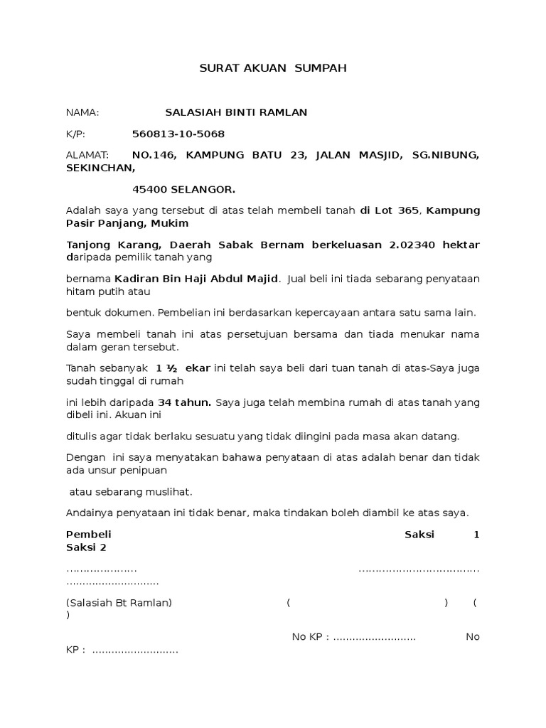 Contoh Surat Akuan Sumpah Bayaran Beserta Saksi