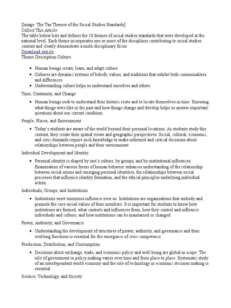 The Ten Themes of The Social Studies Standards PDF Identity (Social