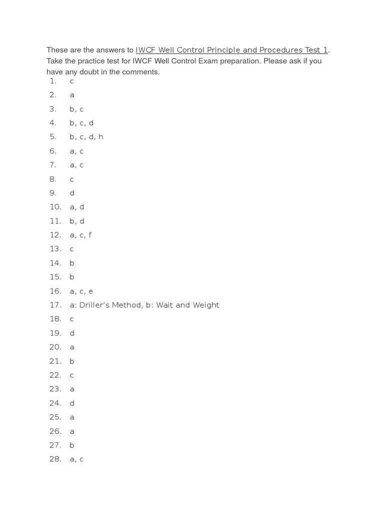 IWCF Well Control Test 1 Answers | PDF