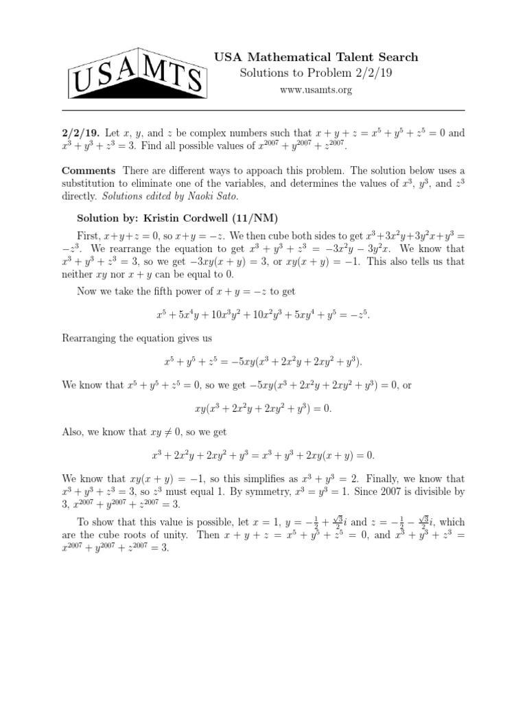 USA Mathematical Talent Search Solutions To Problem 2/2/19 | PDF ...
