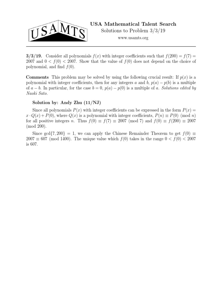 USA Mathematical Talent Search Solution | PDF
