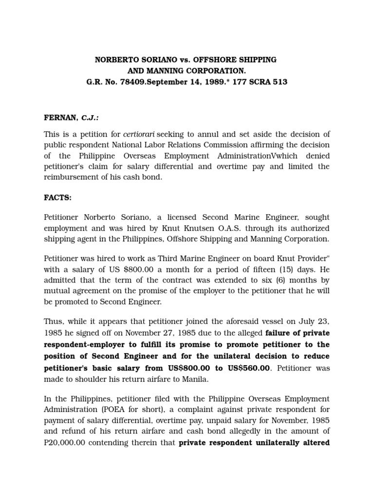 Filcro Soriano vs. Offshore Shipping | PDF | Labour Law | Social ...