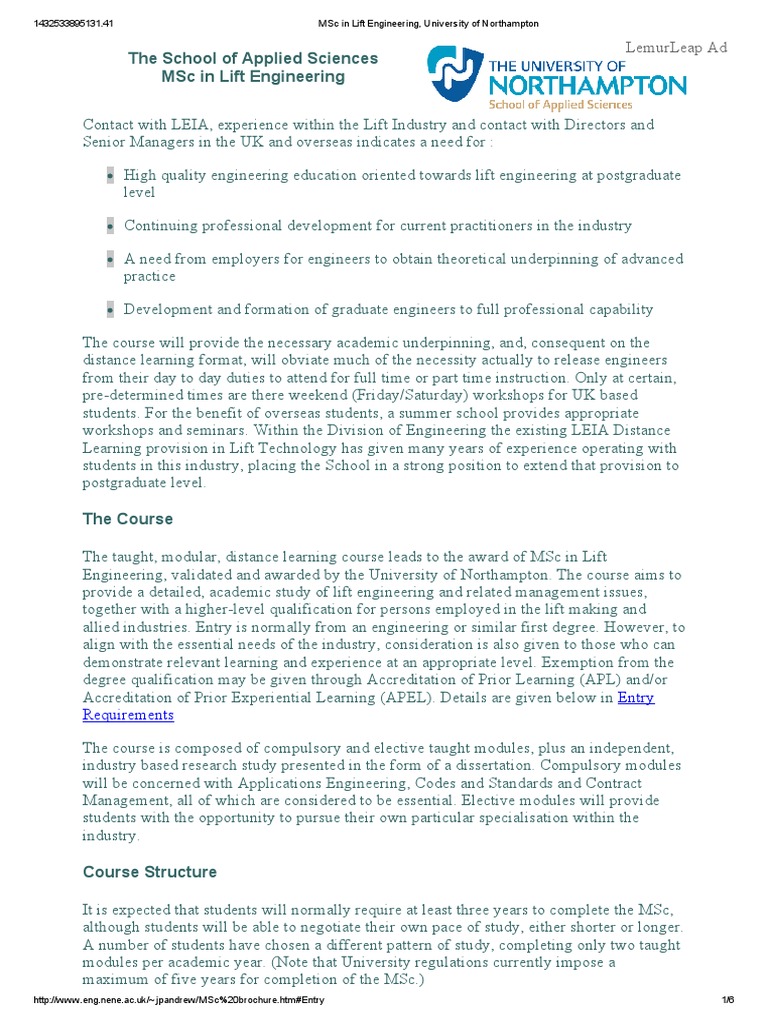 MSc in Lift Engineering Overview | PDF | Master Of Science | Thesis