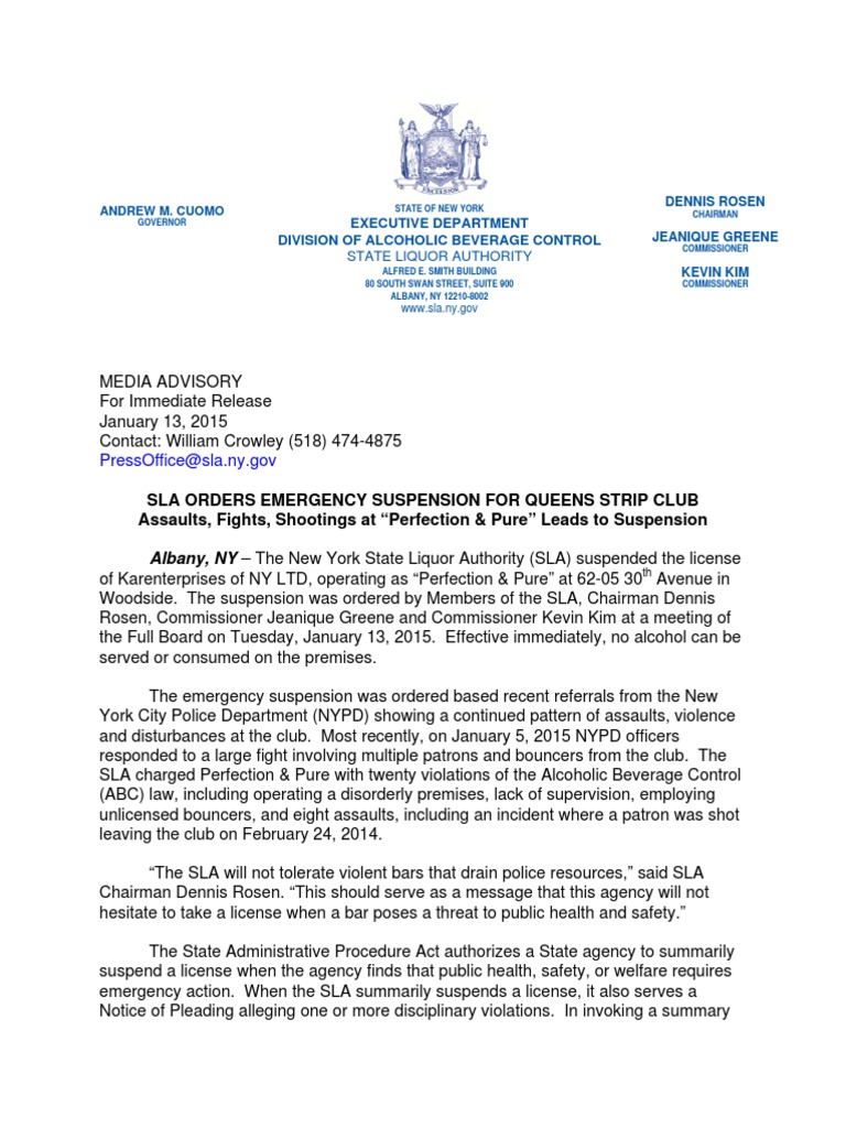 NEW YORK STATE LIQUOR AUTHORITY SUSPENDS STRIP CLUB LIQUOR LICENSE
