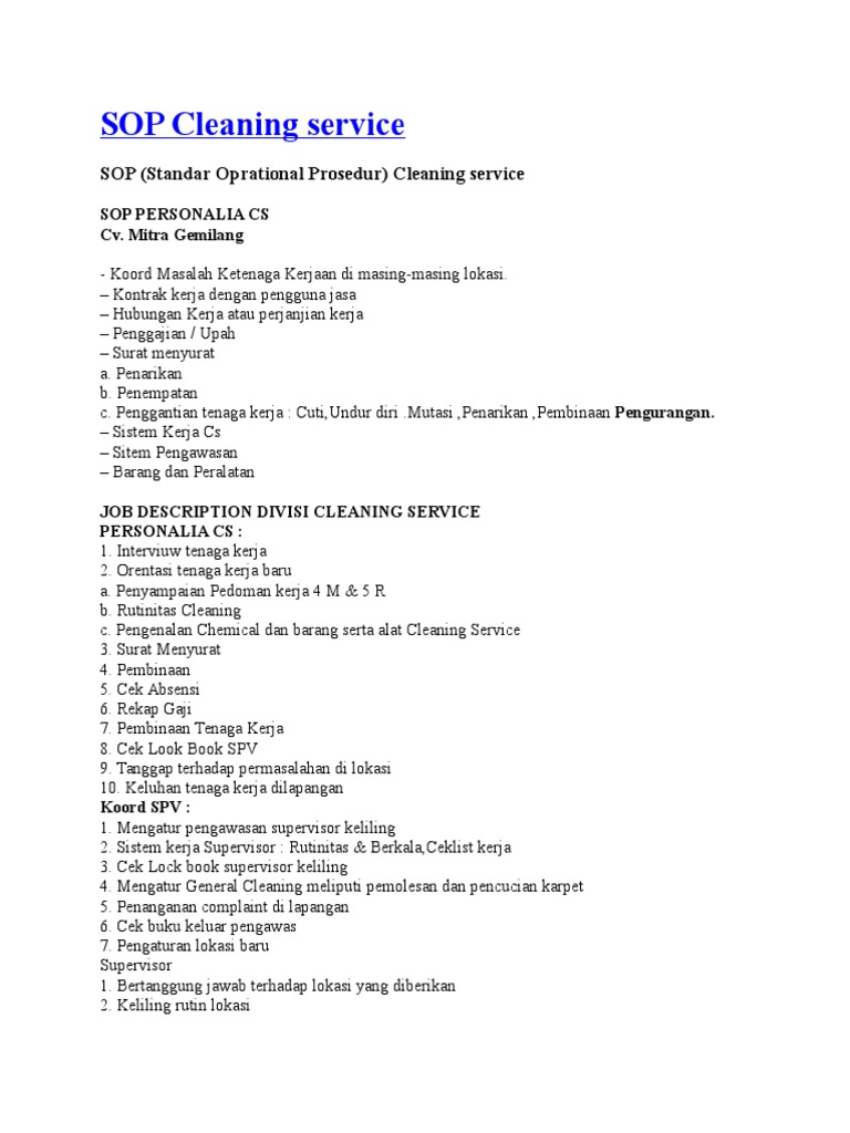 SOP Cleaning Service Mitra Gemilang | PDF