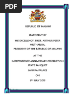 Statement by President Arthur Peter Mutharika at the 2015 Independence Anniversary Celebrations State Banquet, Sanjika Palace - July 6 2015