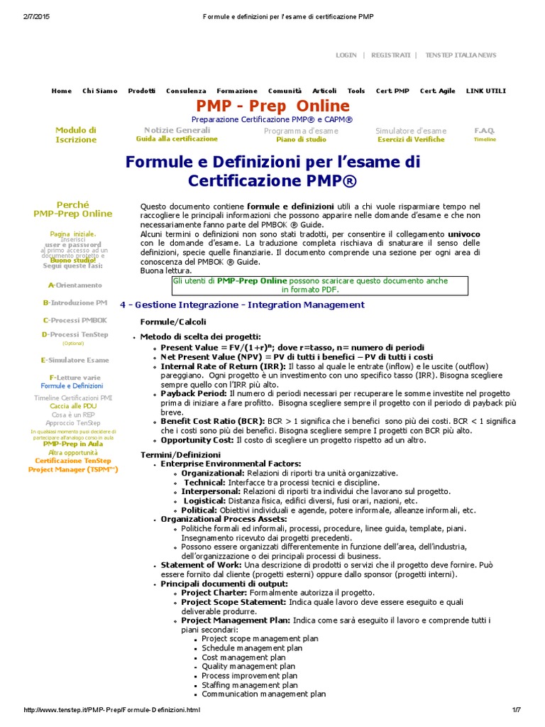 Formule e Definizioni Per L'esame Di Certificazione PMP | PDF