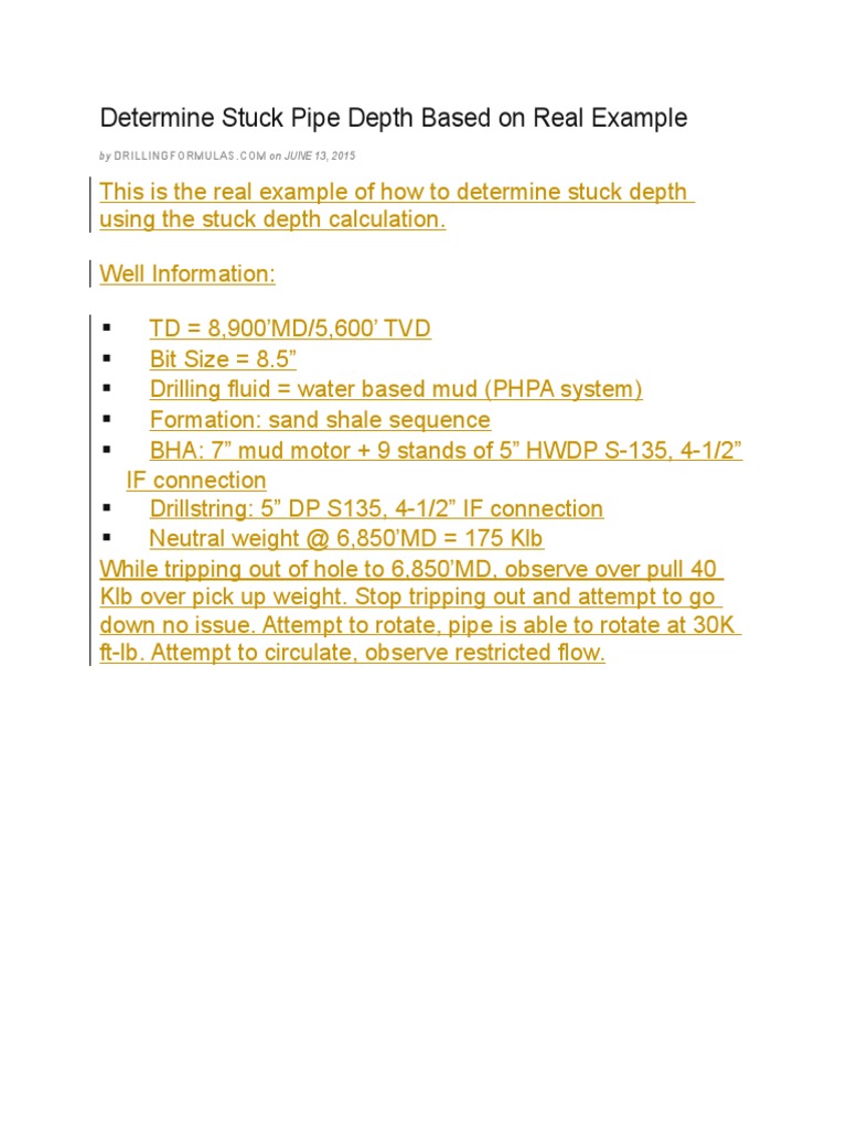 Stuck Pipe Depth Calculation Example | PDF | Geotechnical Engineering ...