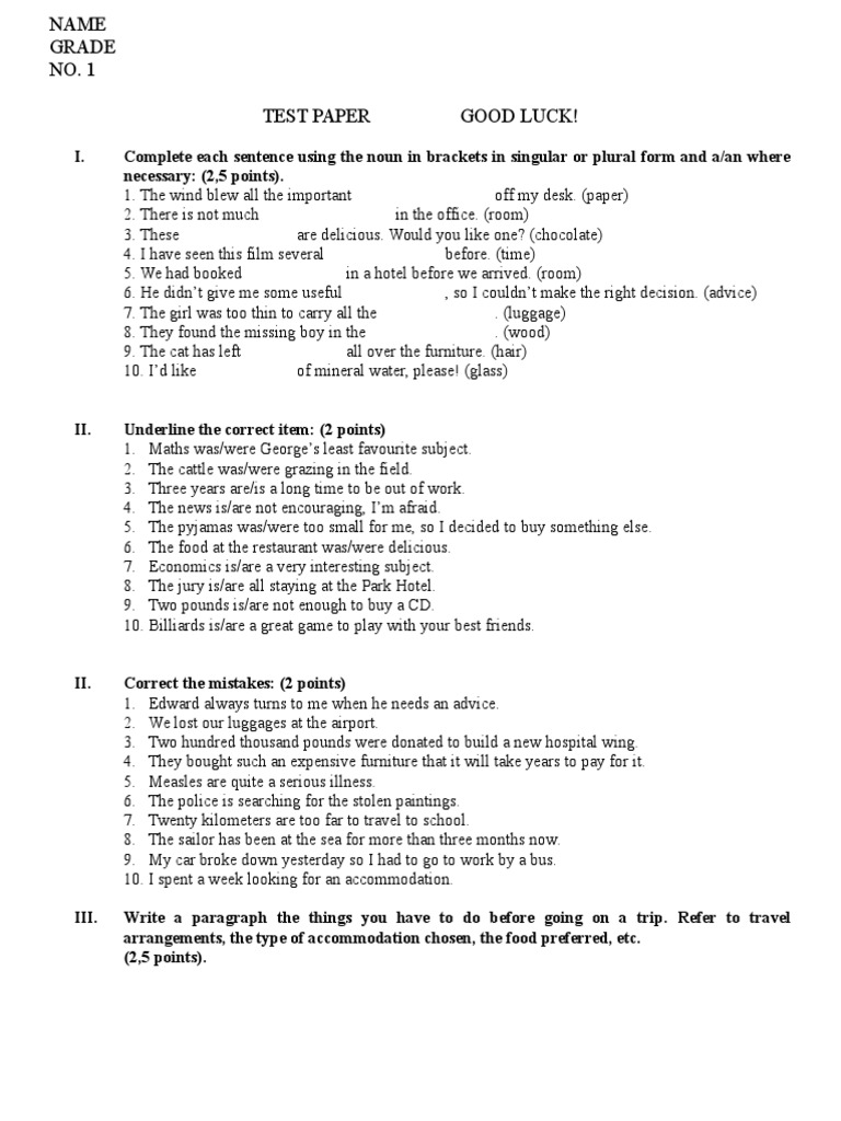 Noun Usage Test for Students | PDF