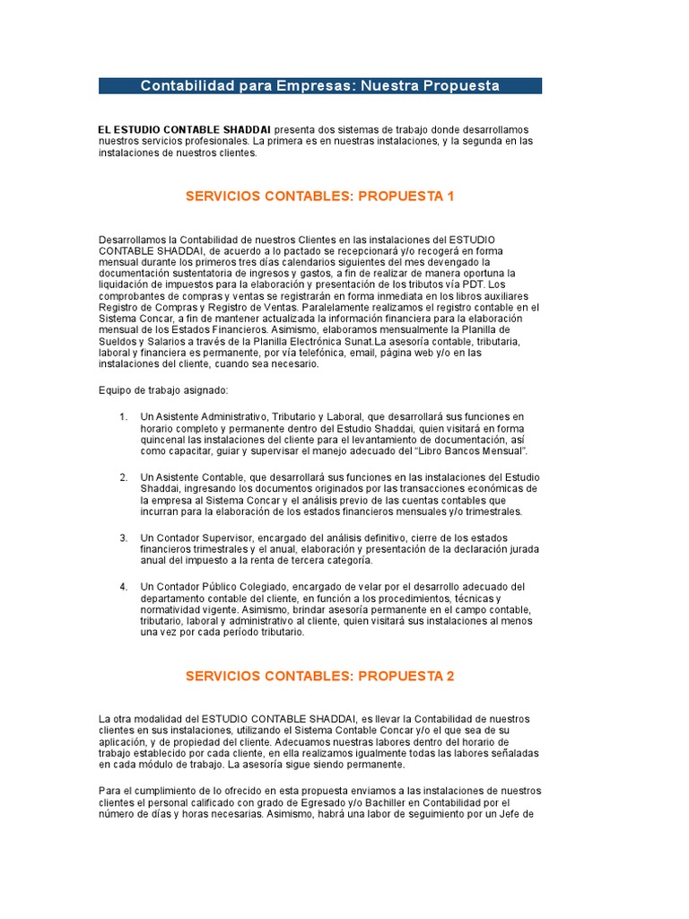 Propuesta de Servicios Contables Shaddai | PDF | Contador | Contabilidad
