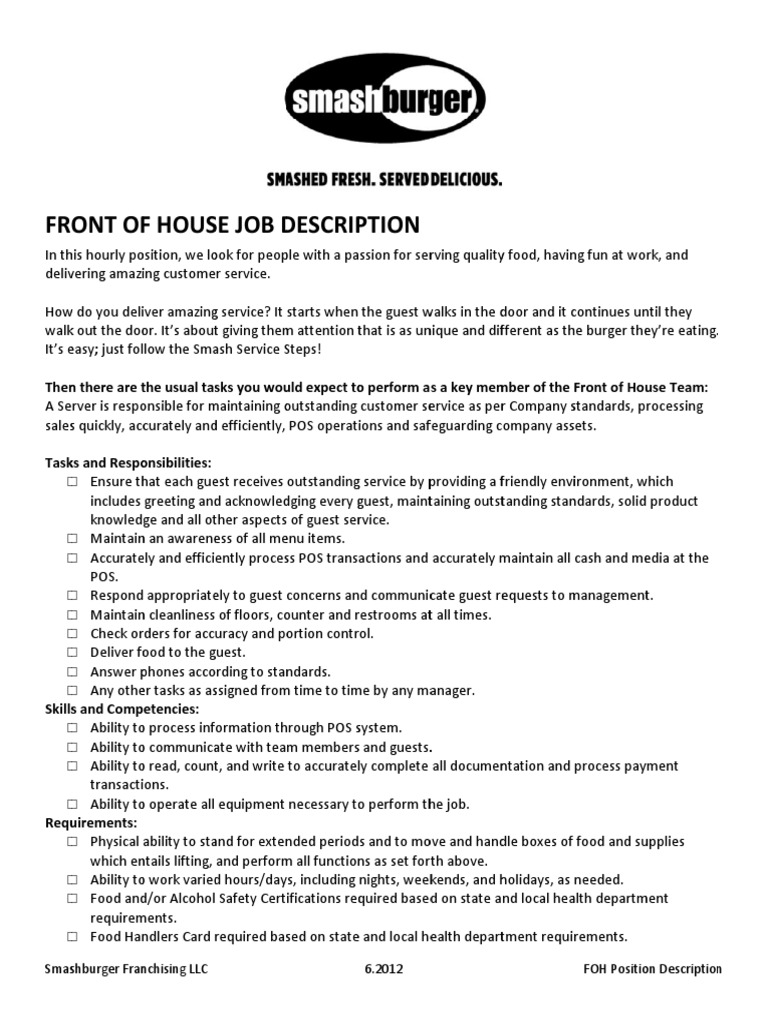 Front of House Job Responsibilities | PDF